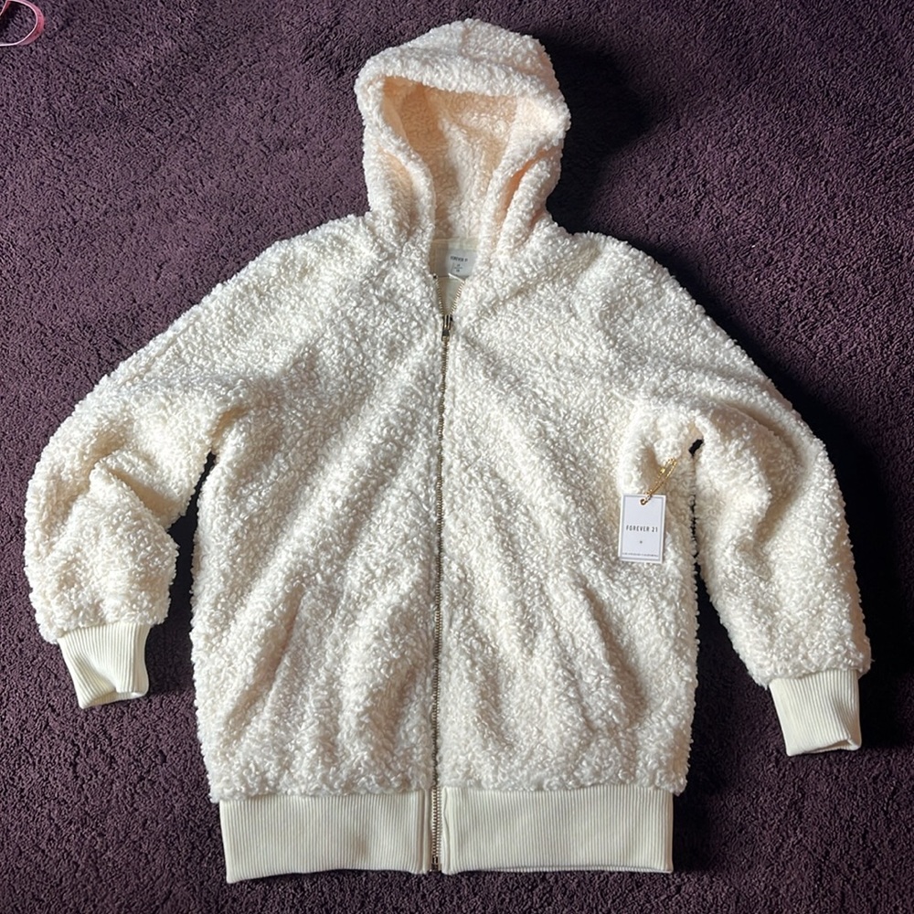 Forever 21 Teddy Bear Jacket Fury Jury Full Zip Hoodie White Size S Oversized